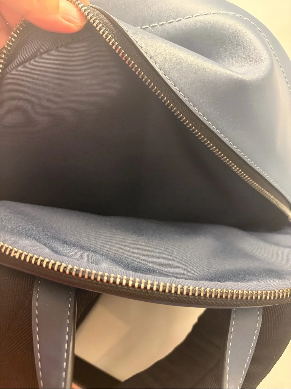 Coach Light Blue denim Signature Jacquard Backpack with Slate Trim blue leather